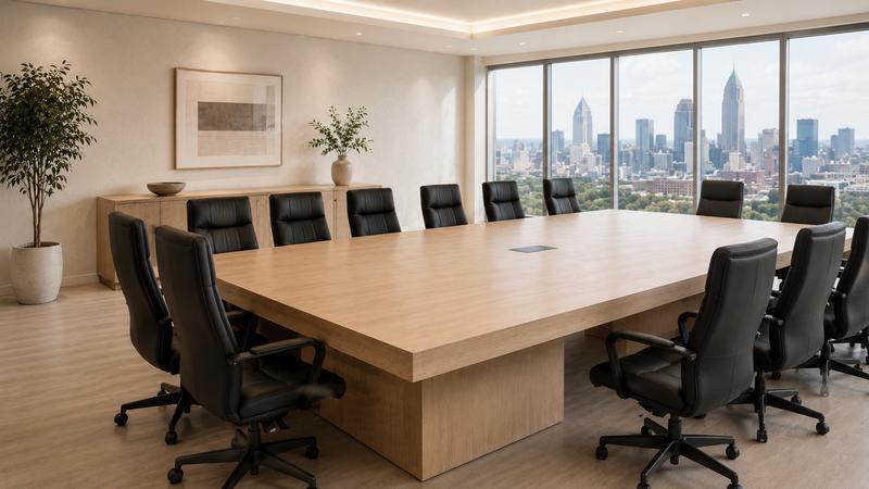 Large conference table assembled in a corporate meeting room